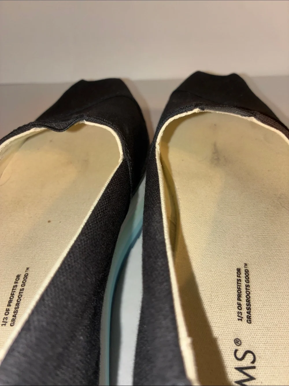 TOMS, Women’s 8.5, Black Canvas Platform Slip-Ons with Pastel Striped Sole